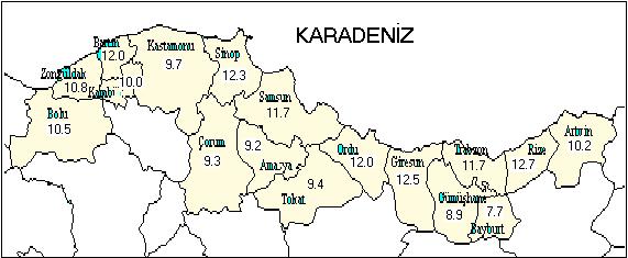 Karadeniz Bölgesinde Bina İçi İklim Koşullarında Odun Denge Rutubeti Dağılımının Analizi Şekil 6. Karadeniz Bölgesinde bina içi koşullarda odun denge rutubeti yıllık ortalamaları 4.