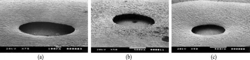 10 Resim 1.1. Farklı işleme parametrelerinde işlenmiş deliklerin SEM resimleri, a) 3 V, 45 Hz, 30 g/l; (b) 7 V, 45 Hz, 30 g/l; (c) 3 V, 55 Hz, 30 g/l [36] EKD ile açılmış deliklerde karşılaşılan en