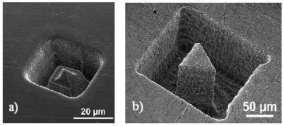 mikro boyutlu küp şekil [52] Cagnon ve arkadaşları [16], tungsten tellerin 2M derişimli KOH elektrolitte elektrokimyasal etki ile aşındırarak ürettikleri 5μm çaplı takımlarla paslanmaz çelik