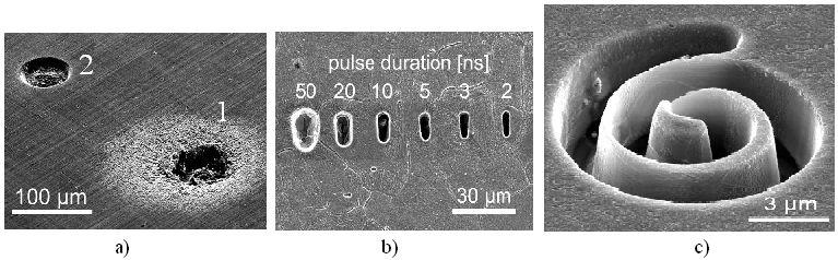 dak, 9 μm genişlik, 10 μm derinlik), d) EKD ile açılmış delik profili (ϕ6 μm takım, 8 μm giriş çapı, 7,3 μm çıkış çapı, t= 30 dak) [53] 500 ps gerilim vurum süresinde 100 nm boyut hassasiyetinde
