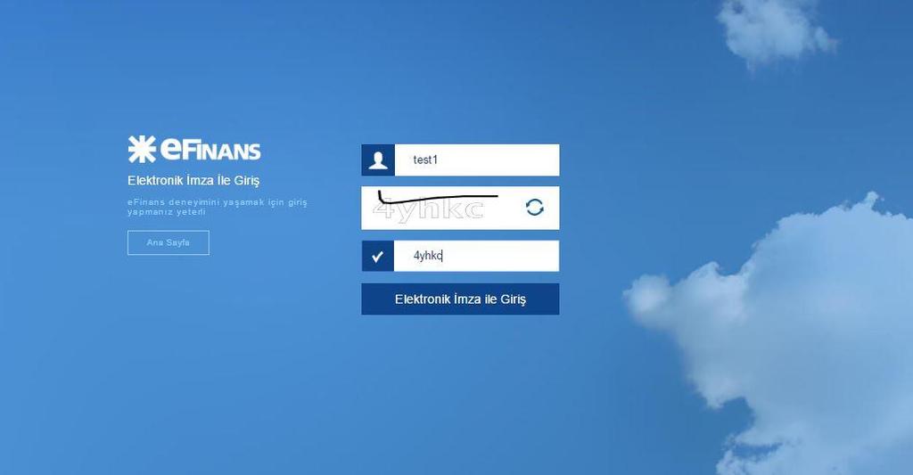 o o Kullanıcı Kılavuzu düğmesine tıklanarak efinans kullanıcı kılavuzuna ulaşılabilir. Kullanıcı Kodu ve Doğrulama Kodu alanları girilip Elektronik İmza ile Giriş düğmesine tıklanır.