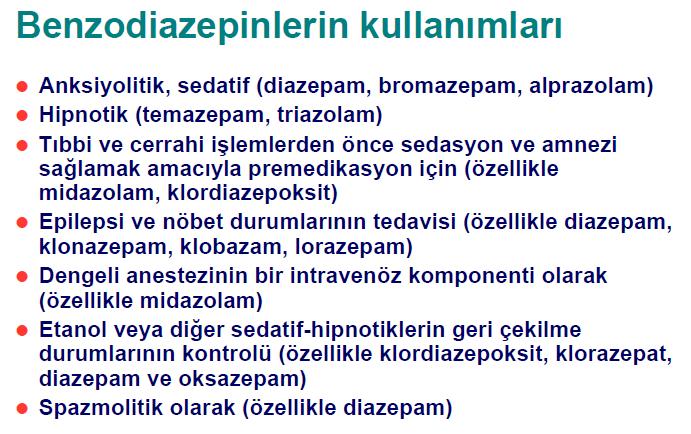 1. Sedatif, anksiyolitik 2. Hipnotik 3. Premedikasyon 4. Epileptik nöbet ted.