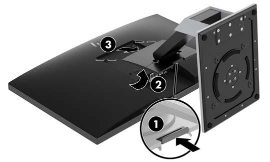 3. Standı bilgisayara doğru indirin ve yerine oturana kadar aşağı doğru bastırın (2). Arkaya yatırılabilir standı çıkarma Standı çıkartmak için: 1.