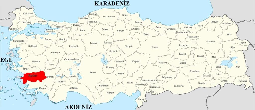 Şekil 3.Aydın İlinin Türkiye'deki Konumu (Kaynak:Türkiye Fiziki Haritası, 2016) Aydın ili, 8.116 km²lik yüzölçümüyle Türkiye nin yaklaşık %1 ini kaplamaktadır.