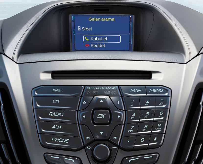 14 Acil Durum Yardımı içeren Ford SYNC* Sesle kumanda edilen işletim sistemi ile müzik çalabilir, kablosuz araç kiti ile ellerinizi kullanmadan telefon görüşmeleri yapabilir, çağrı kabul edebilir ve