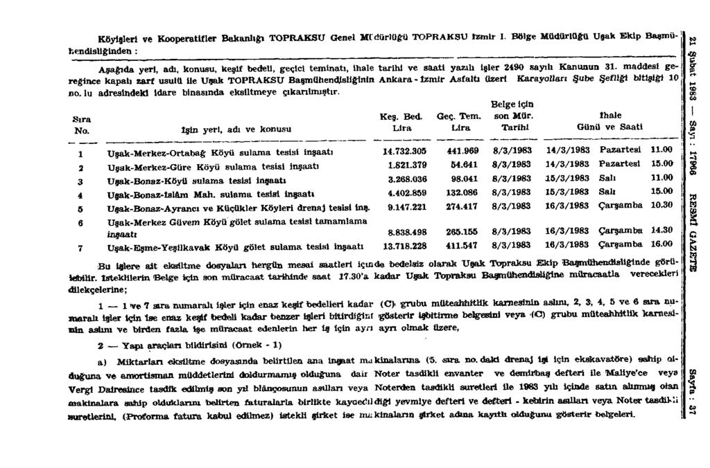 Köyişleri ve Kooperatifler Bakanlığı TOPRAKSU Genel Mldürlüğü TOPRAKSU İzmir I.