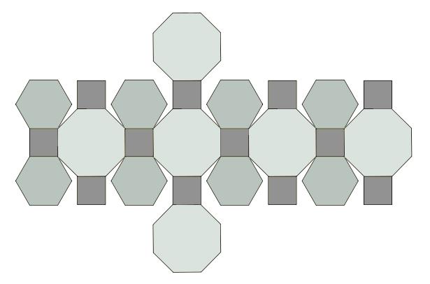 124 Şekil 4.69. Köşeleri kesilmiş kübaktahedron Şekil 4.70. Köşeleri kesilmiş kübaktahedronun yüzey açılımı Çizelge 4.18 de köşeleri kesilmiş kübaktahedronun geometrik özellikleri verilmiştir.