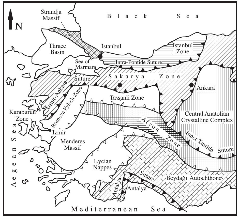 Şekil 3.1: Batı Anadolu ana paleo-tektonik birimleri haritası (Bozkurt ve Oberhansli 2001).