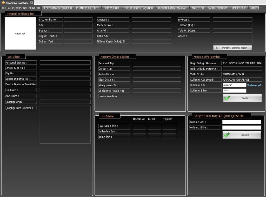 Kullanıcı İşlemleri 1. KULLANICI/PERSONEL BİLGİLERİ Resim 2.