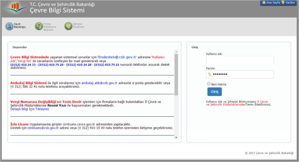 ATIK ÜRETİCİSİ Çevre Bilgi Sisteminden Kullanıcı Adı