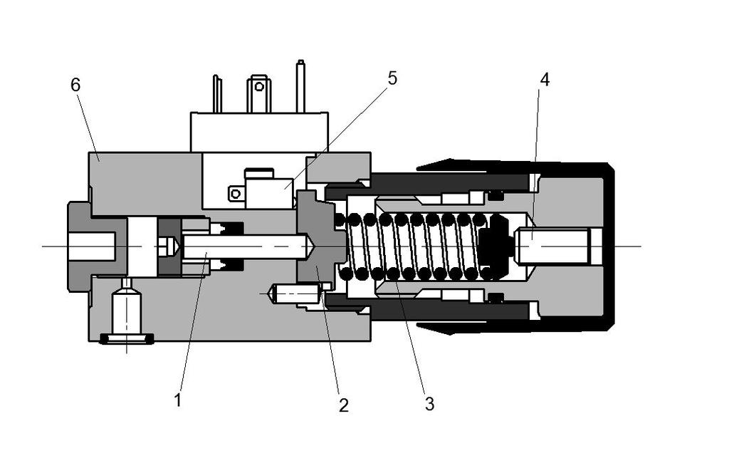 İşlev - Bölümler - Sembol Elektro-Hidrolik Basınç Şarteli LP1 A2 modeli Pistonlu tip Basınç Şarteli Piston (1) Baskı Parçası (2) Baskı Yayı (3) Çalışma Basınçı Ayar Vidası (4) Micro Switch (5) Yüksek