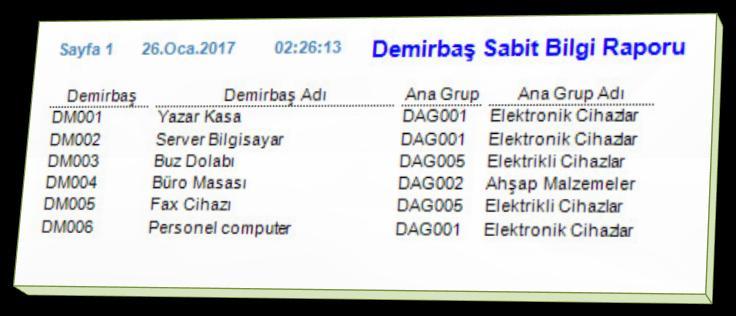 RAPORLAR VE DEĞERLENDİRME Demirbaş Sabit Bilgi Raporu DemirbaĢ sabit bilgi