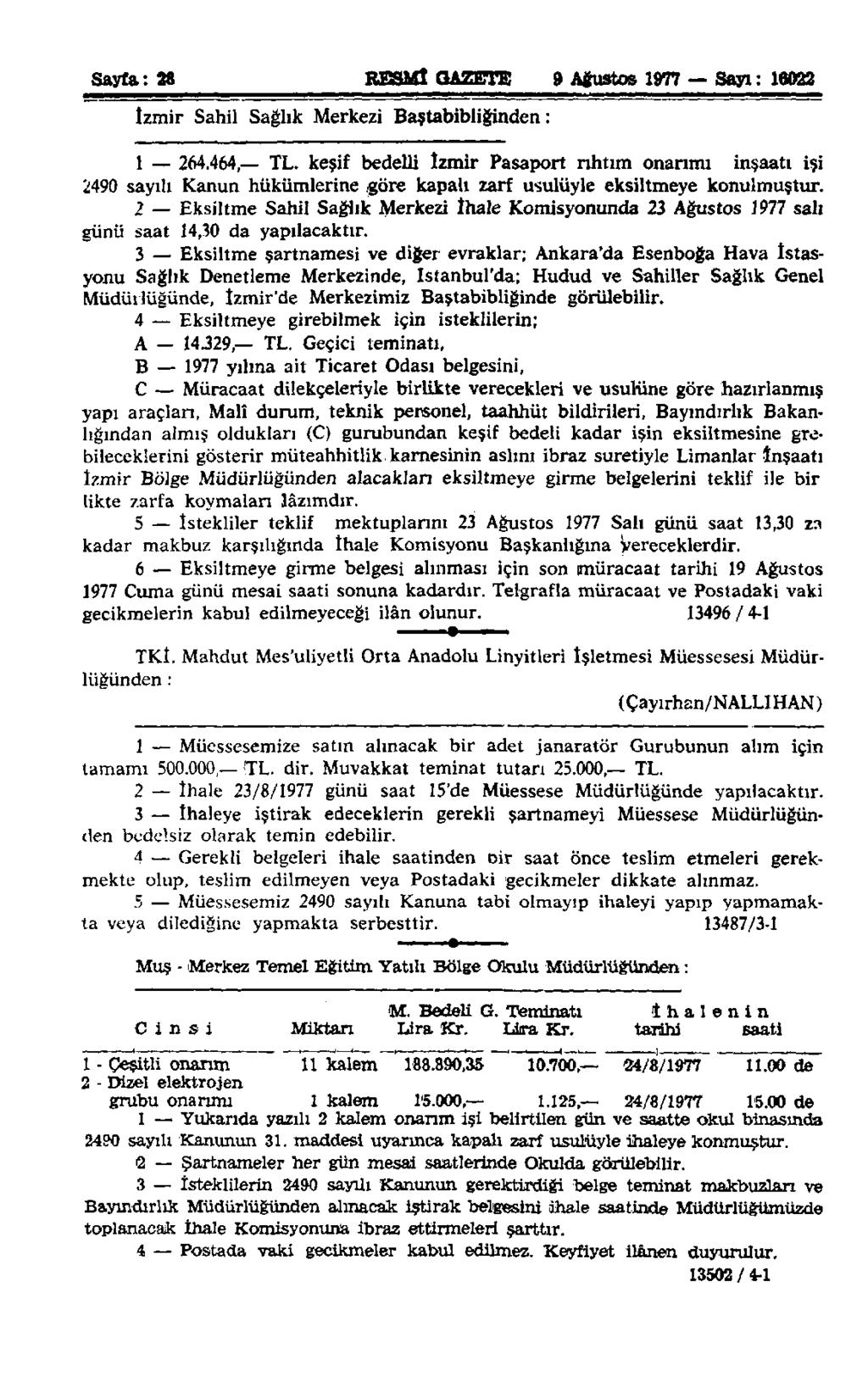 Sayfa: 28 RESMİ GAZETE 9 Ağustos 1977 Sayı: 16022 İzmir Sahil Sağlık Merkezi Baştabipliğinden: 1 264.464, TL.