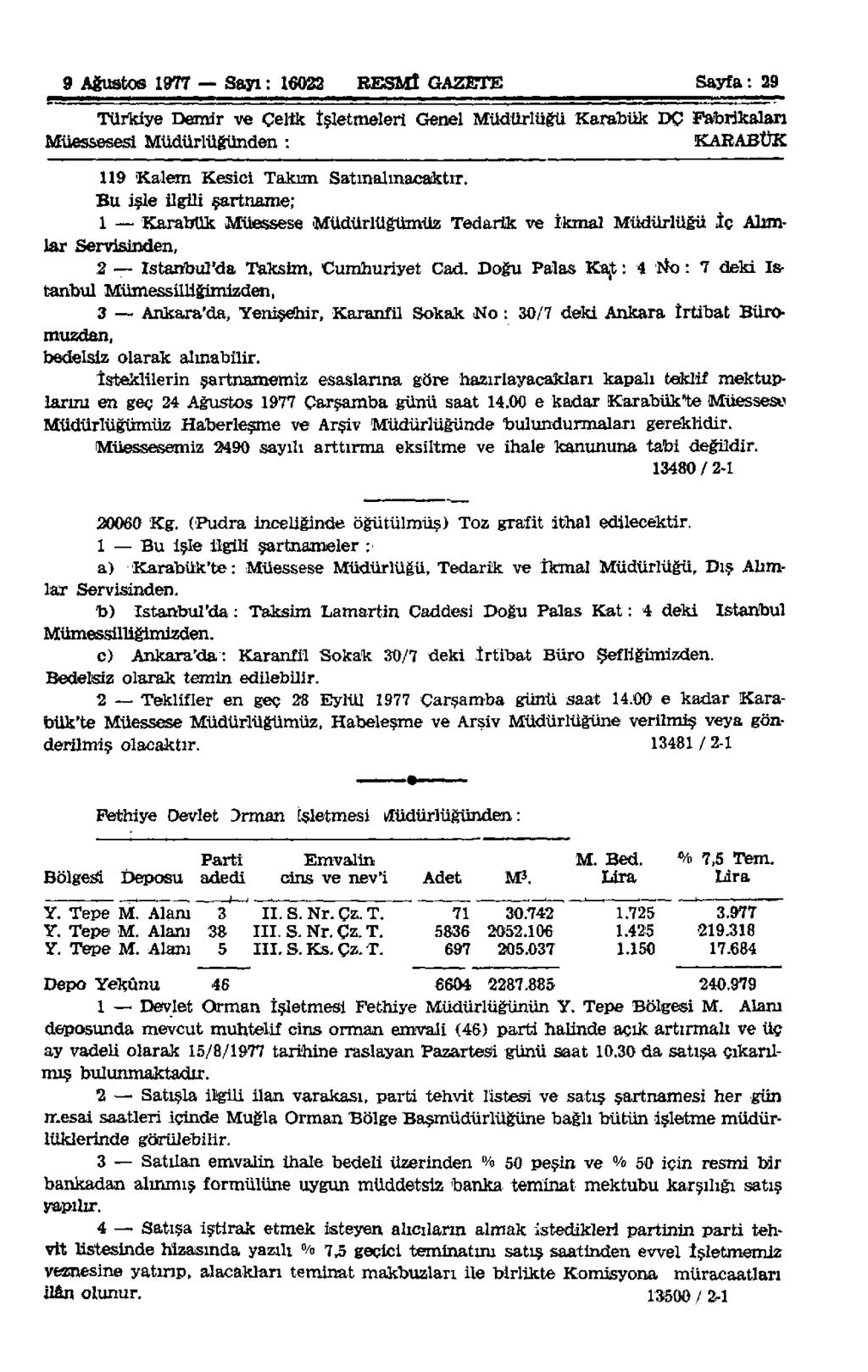 9 Ağustos 1977 Sayı: 16022 RESMÎ GAZETE Sayfa: 29 Türkiye Demir ve Çelik işletmeleri Genel Müdürlüğü Karabük DÇ Fabrikaları Müessesesi Müdürlüğünden : KARABÜK 119 Kalem Kesici Takım Satmalmacaktır.