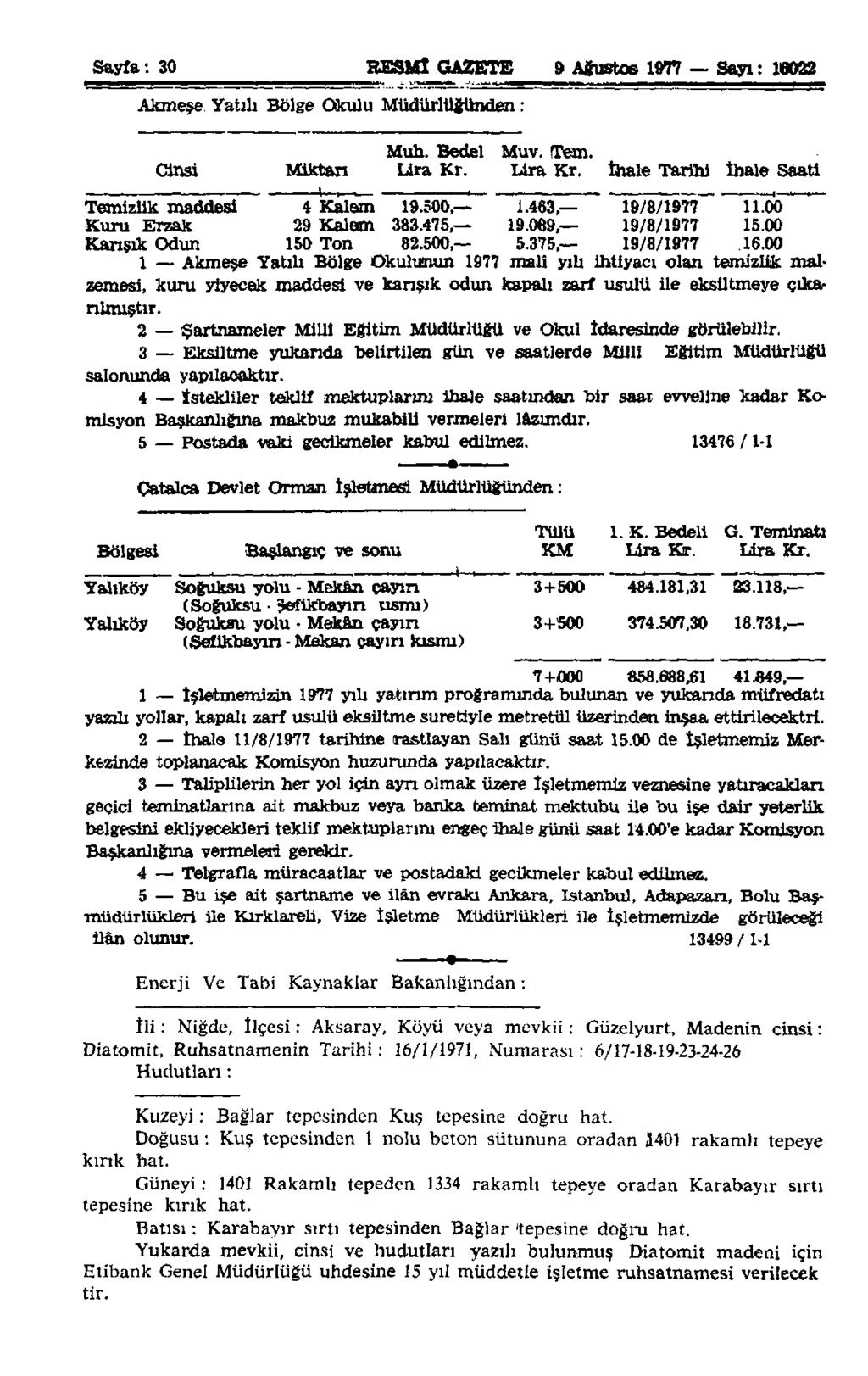 Sayfa: 30 Akmeşe Yatılı Bölge Okulu Müdürlüğünden: Muh. Bedel Muv. Tem. Cinsi Miktarı Lira Kr. Lira Kr. İhale Tarihi İhale Saati Temizlik maddesi 4 Kalem 19.500, 1.463, 19/8/1977 11.