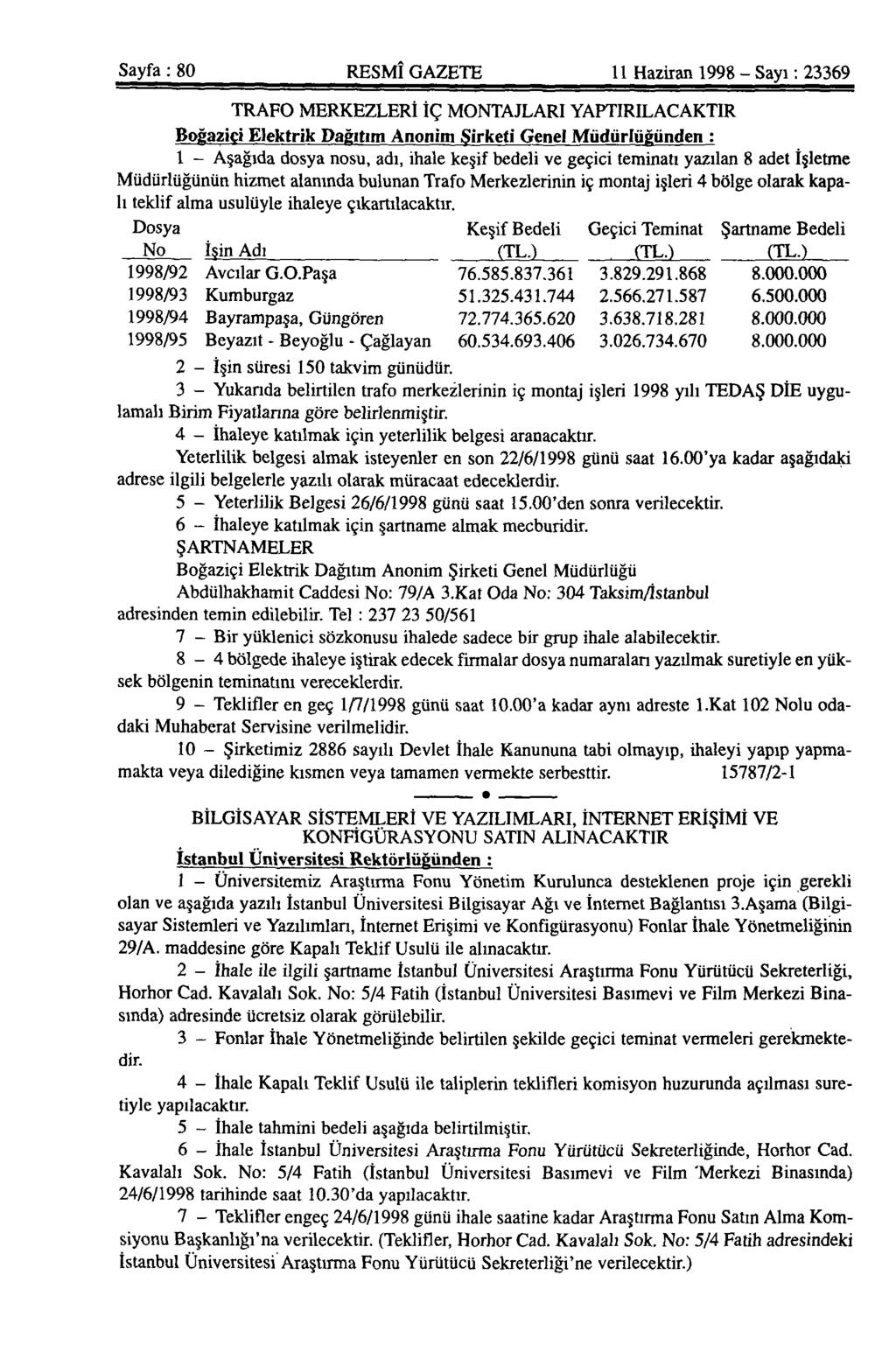 Sayfa: 80 RESMÎ GAZETE 11 Haziran 1998 - Sayı: 23369 TRAFO MERKEZLERİ İÇ MONTAJLARI YAPTIRILACAKTIR Boğaziçi Elektrik Dağıtım Anonim Şirketi Genel Müdürlüğünden : 1 - Aşağıda dosya nosu, adı, ihale