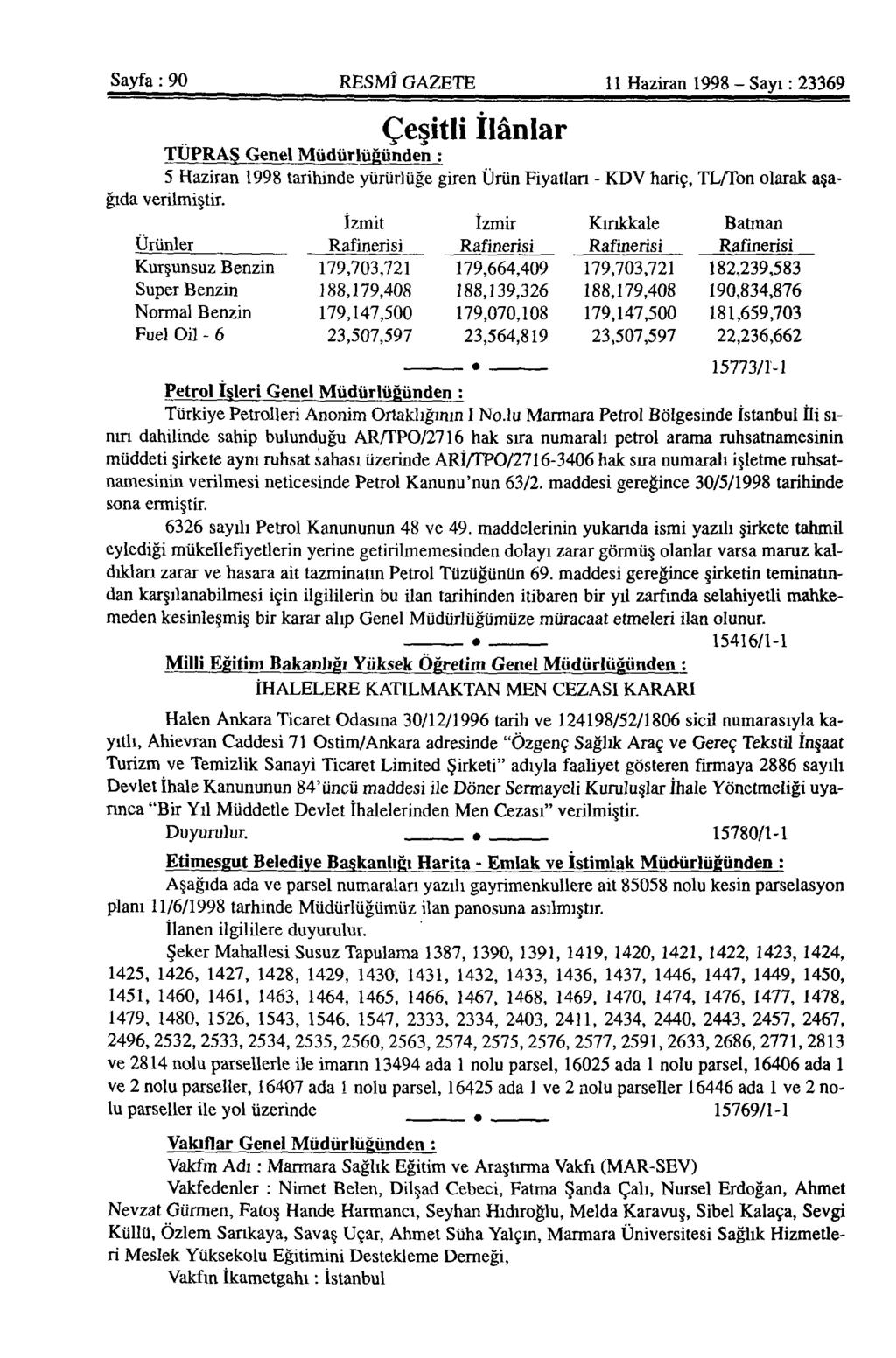 Sayfa: 90 RESMÎ GAZETE 11 Haziran 1998 - Sayı: 23369 Çeşitli İlânlar TÜPRAŞ Genel Müdürlüğünden : 5 Haziran 1998 tarihinde yürürlüğe giren Ürün Fiyatları - KDV hariç, TL/Ton olarak aşağıda