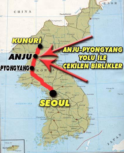 Pyongyang'a gitmek için iki yol vardı: Biri batı yönünde Anju üzerinden, diğeri ve kısaca güney istikametinde Sunchon Boğazından geçiyordu.