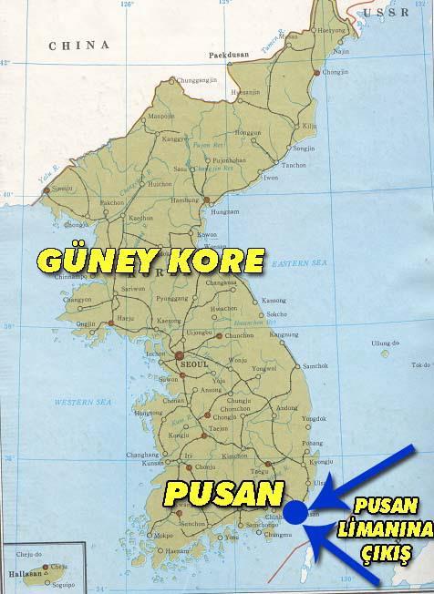 III. İskenderun'dan Kore'ye Deniz Yolu ile İntikal Türk Tugayını eşya, gereç ve araçlarıyla birlikte Kore'ye taşıyan beş gemi Süveyş kanalı-kızıldeniz-mendep boğazı-seylan adasının merkezi