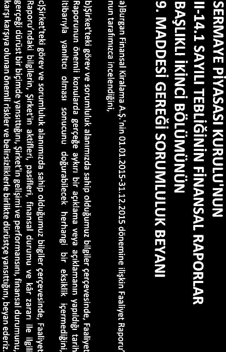 SERMAYE PİYASASI KURULU NUN 11-14.1 SAYILI TEBLİĞİNİN FİNANSAL RAPORLAR BAŞLIKLI İKİNCİ BÖLÜMÜNÜN 9. MADDESİ GEREĞİ SORUMLULUK BEYANI a)burgan Finan5al Kiralama A.Ş. nin O1.D1.2015-31.12.