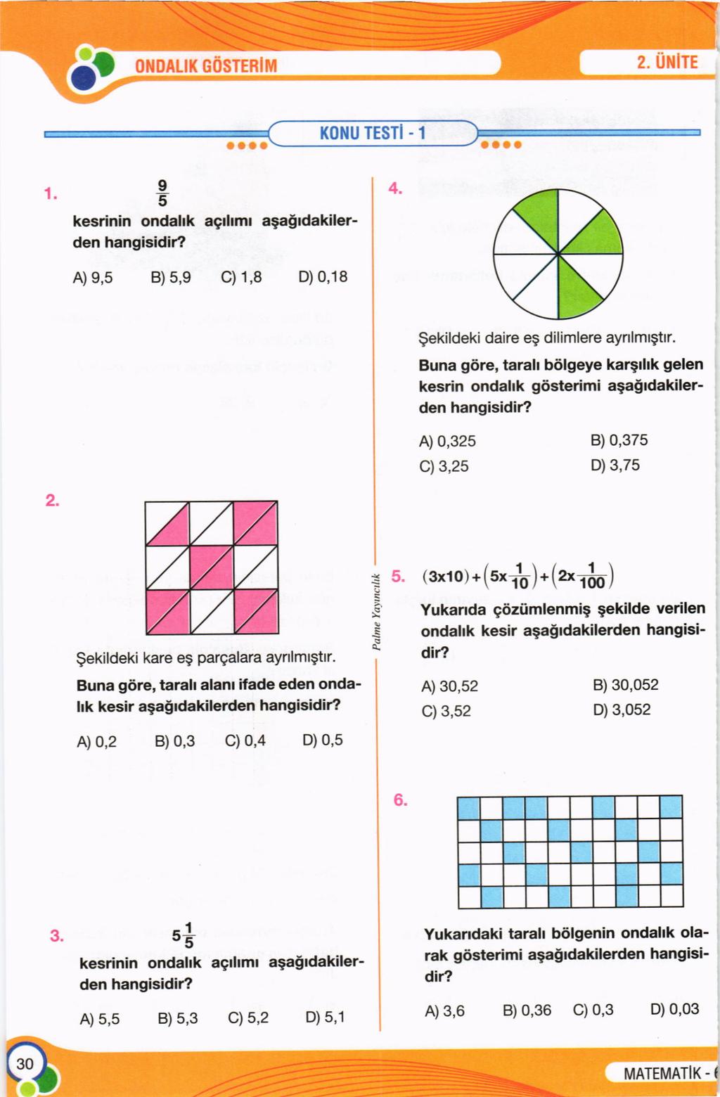 2. UNITE 1. I 5 kesrinin ondahk agrhmt aialrdakilerden hangisidir? 4. A) s,5 B) 5,e c) 1,8 D) 0,18 $ekildeki daire eg dilimlere aynlmqttr.