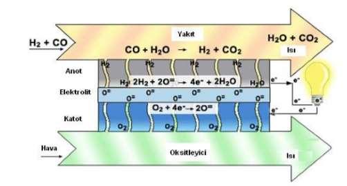 Anod tarafı: H 2 2H + + 2e (7) Katod tarafı: 1/2O 2 + 2H + + 2e H 2 O (8) Genel reaksiyon: H 2 + 1/2O 2 H 2 O (9) Katı Oksitli Yakıt Pili (SOFC): Katı oksit elektrolitin bazı özel yararları nedeniyle