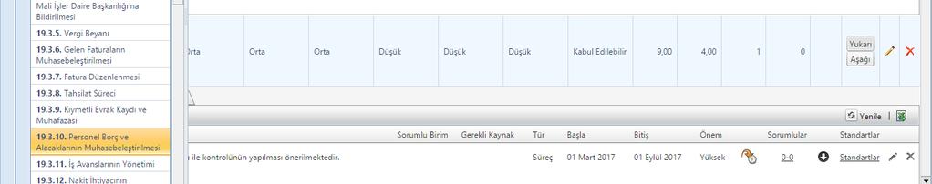 (Özellikler Menüsü + Yeni Kontrol Ekle + İlgili Riskin Solunda Bulunan Üçgen Simgesi + Risk Eylem Planı) Açılan pencerede; Tanımı; iç kontrol sisteminin güçlendirilmesi için ileride bir tarihte