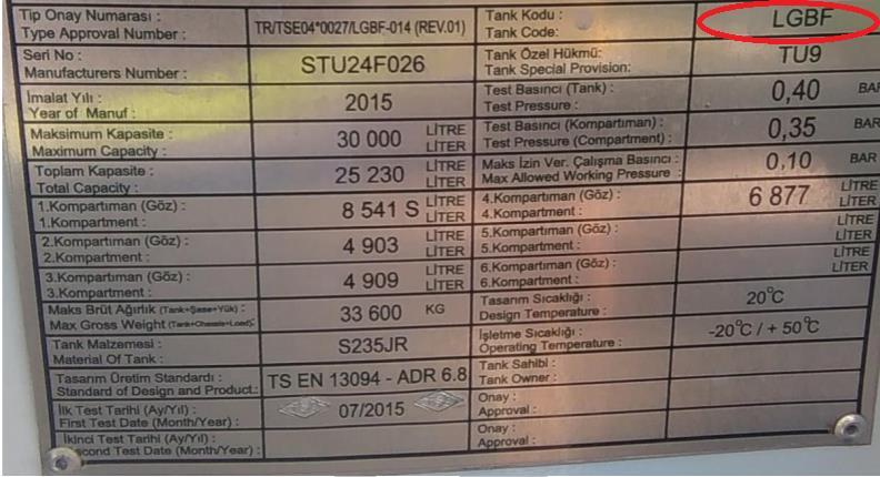 21. Tüm bilgileri aşağıdaki metal levha üzerine işaretlenmiş olan bir sabit tankta, aşağıdaki tehlikeli maddelerden hangileri taşınabilir? 4.3.5 TU9: 6.8.2.1.14 (a) uyarınca tasarımı yapılan ve 6.8.2.2.6'ya uygun teçhizatla donatılmış olan tanklarda 50 C'de 110 kpa'nın (1,1 bar) üstünde, ancak 150 kpa'nın (1,5 bar) altında buhar basıncına sahip UN No.