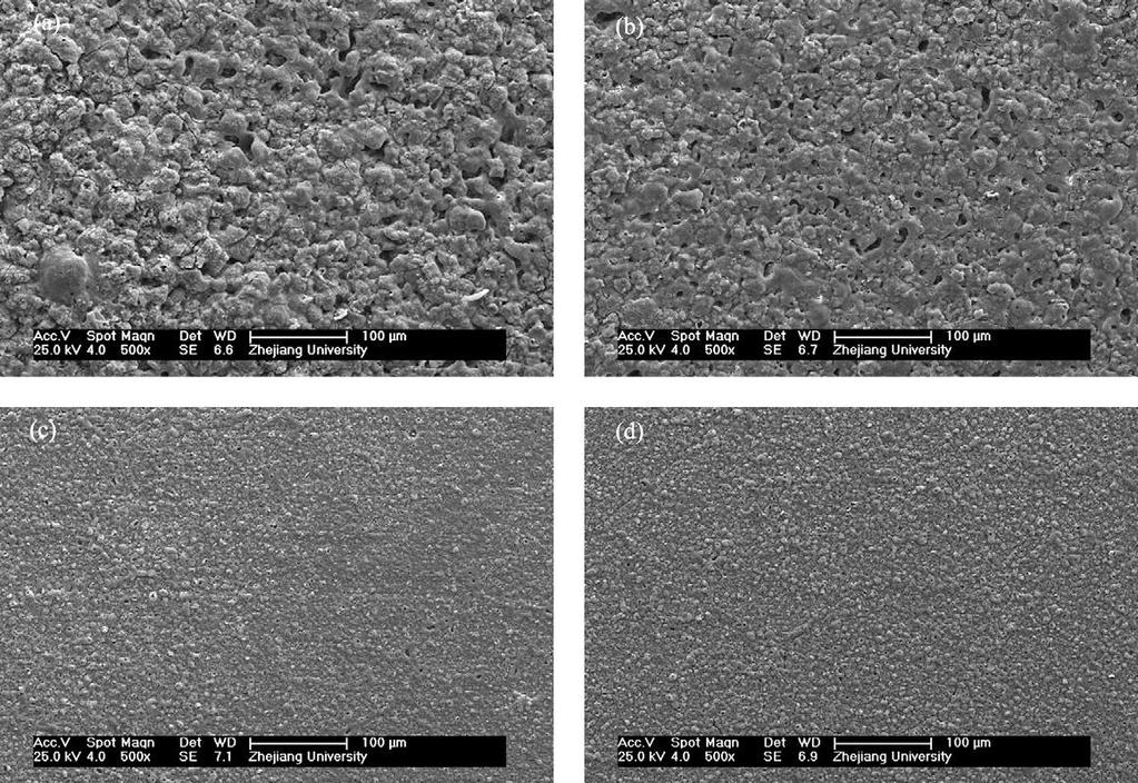 Şekil 4.5 : Alkali borat elektrolitte oluşan oksit filmlerin SEM fotoğrafları (a) 0.0 (b) 1.0 (c) 2.0 (d) 3.0 g/l NaBz [33].