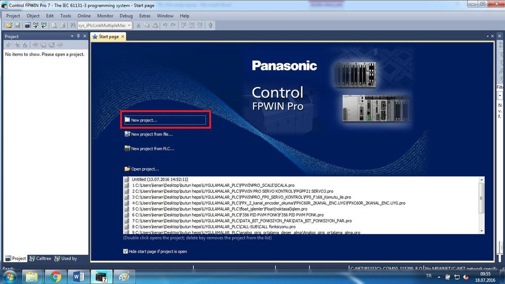 SAVİOR OTOMASYON TEKNİK DESTEK BİRİMİ FPWINPRO7 YENİ PROJE OLUŞTURMA Masaüstündeki FPWINPRO7 kısayoluna tıklandığında ilk önümüze gelen sayfa aşağıdaki gibidir.