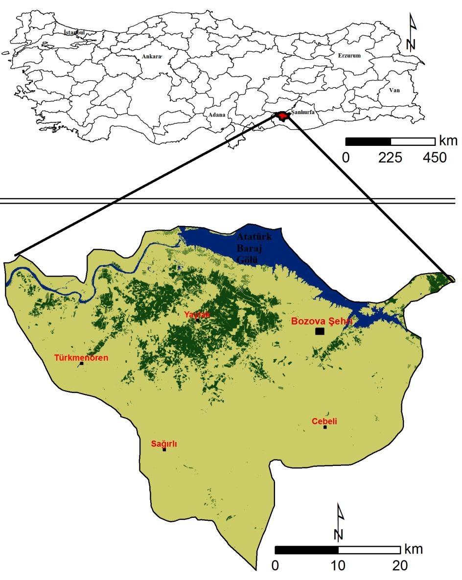 856 Atatürk Baraj Gölü nün Bozova İlçesi Tarımsal Ürün Deseni Üzerine Etkisinin İncelenmesi (1984-2011) Şekil 1. Bozova İlçesi lokasyon haritası.