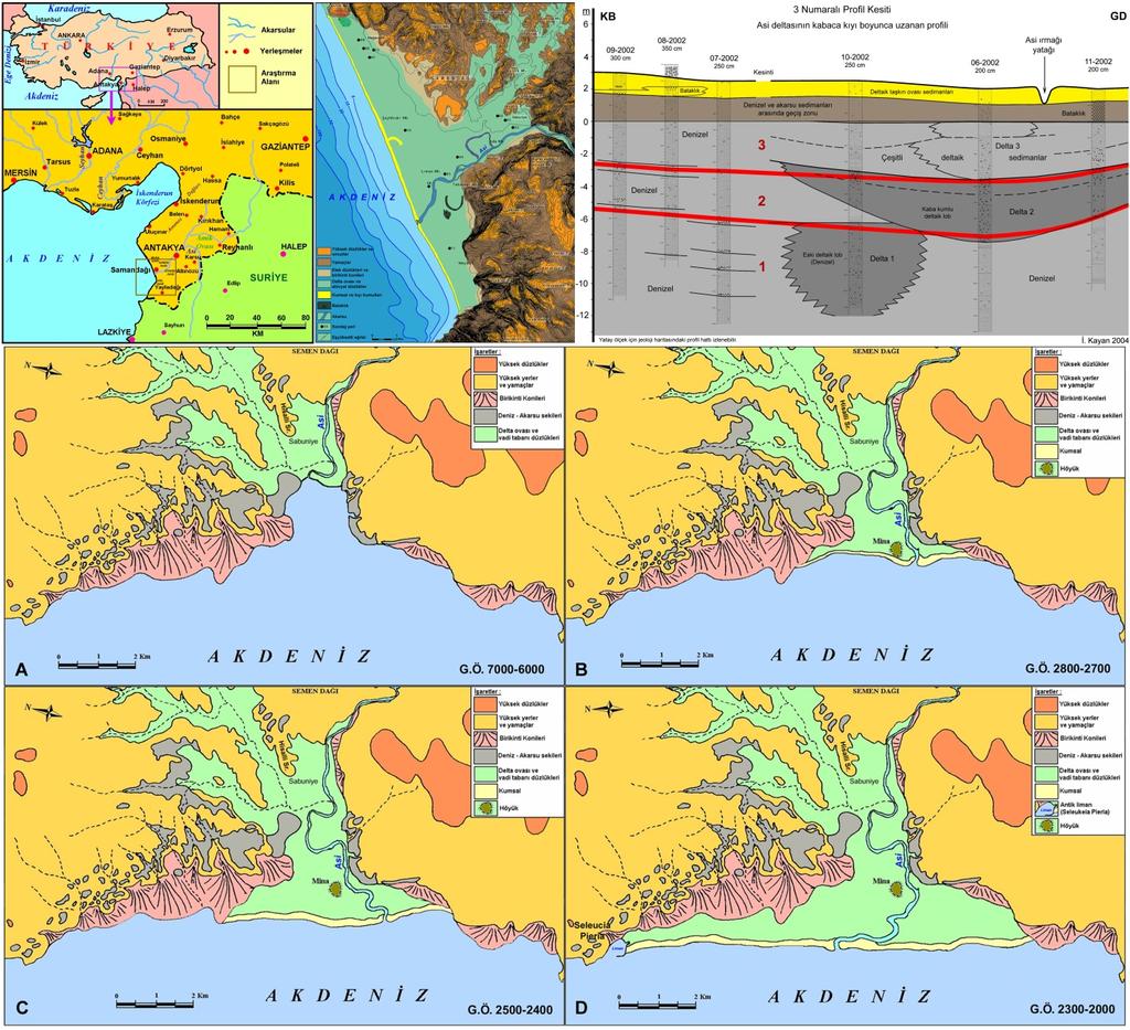 66 Şekil 13. Asi deltas n n konumu, sondaj yerleri, kesiti ve paleocoğrafya haritalar (Öner, 2008; Öner vd., 2013).