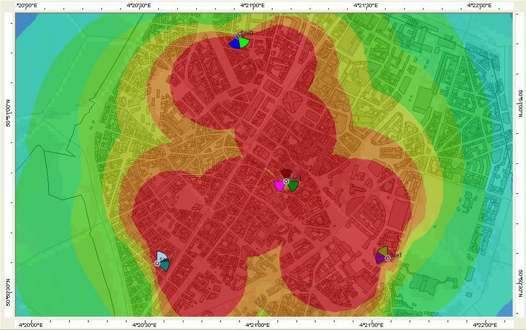 Şekil 5.3 : Bina dışı AAS aktif sinyal seviyesi benzetimi (Ölçek: 1/10,000). Çizelge 5.4 : Sinyal seviyelerine göre kapsama alanları.