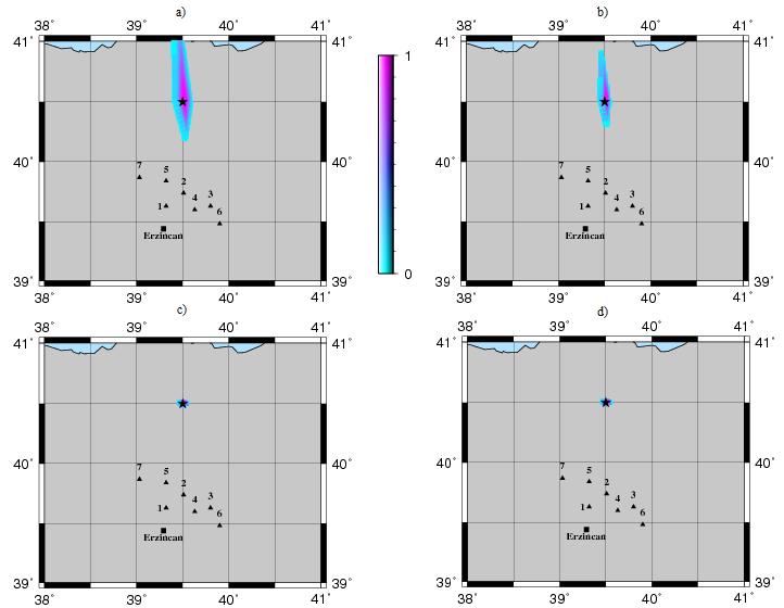 Siyah üçgen teorik depremin episantrını göstermektedir. Şekil 2. (a) P-P farkları kesişim kümesi. (b) S-S farkları kesişim kümesi.