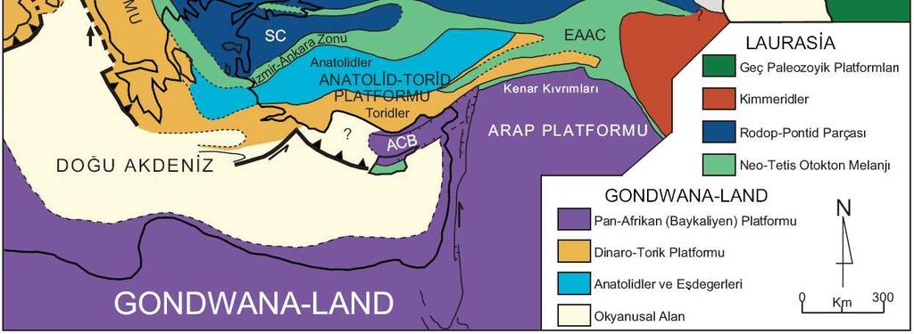 ) SC: Sakarya Kıtası, ACB: Adana Kilikya Havzası, EAAC: Doğu Anadolu yığışım karmaşığı, R ve K: Riou ve Khoura çöküntüleri Permiyen de bölge karbonat platformu halindedir ve bu platform Permiyen sonu