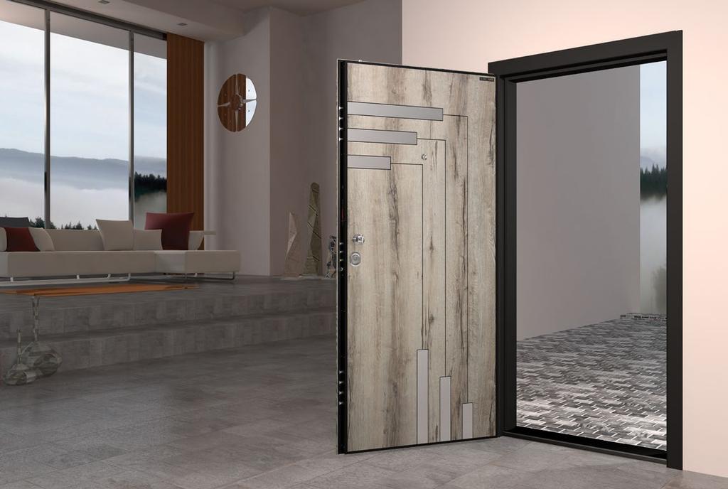 INOX SERIES İ616 Abbey Meşe 3 Abbey Oak 3 Kanat ön yüz özel tasarım 8 mm Mdf üzerine laminat ve inox kaplama.