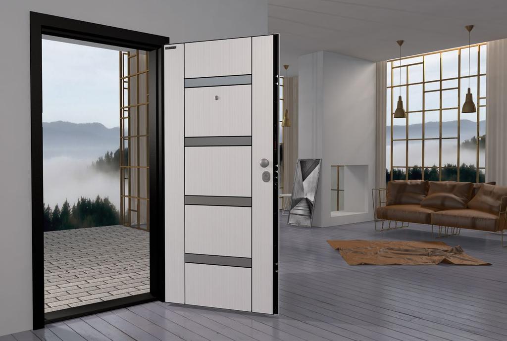 NEW GENERATION SECURITY DOORS LAMINOX SERIES / L200 Beyaz İnci White Pearl Kanat ön yüz özel tasarım 8 mm Mdflam üzerine inox kaplama.