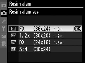 Resim alanı, çekim menüsündeki Resim alanı seçeneği kullanılarak veya Fn düğmesine basılarak ve ayar kadranı çevrilerek ayarlanabilir.