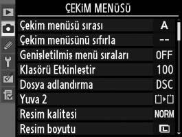 C Çekim Menüsü: Çekim Seçenekleri Çekim menüsünü görüntülemek için, G düğmesine basın ve C (çekim menüsü) sekmesini seçin.