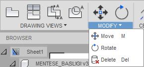 1.5.1. Düzenleme Komutları (MODIFY) Düzenleme komutları görünüşlerin silinmesi, taşınması, döndürülmesi gibi konumsal işlemlerin yapılmasını sağlar. Resim 1.