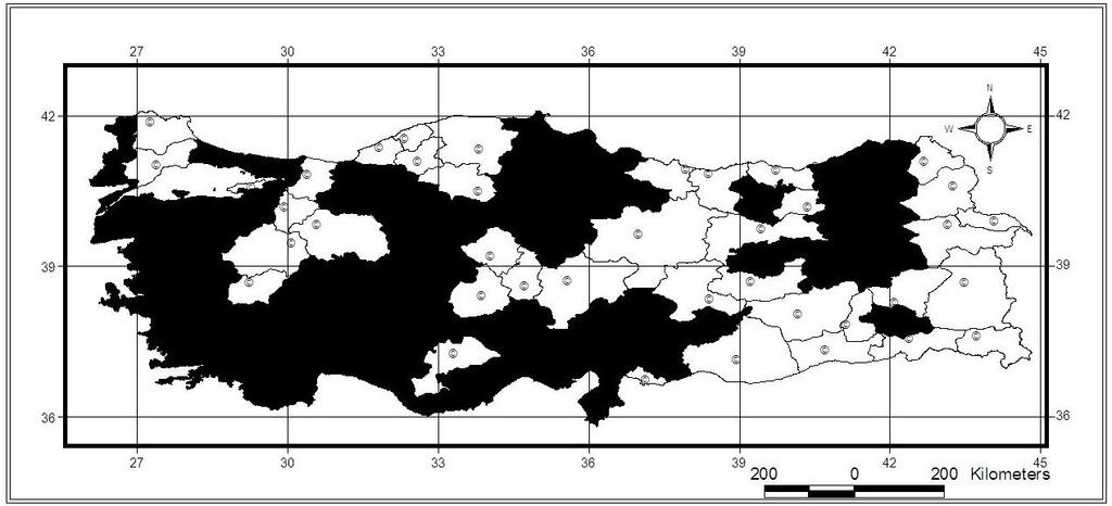 45 Kahramanmaraş: Sumaklı köyü, Türkoğlu (Doluca), Hatay: Belen (Çerçikaya köyü, Madenli), Artvin (Özdikmen & Demirel, 2005); Artvin: Şavşat, Aydın: Kuşadası, Bolu: Mudurnu, Bingöl: Kuruca geçidi,