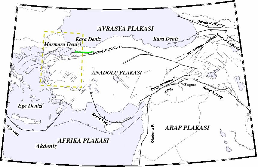 Kuzey Anadolu Fayı, Doğu Anadolu Fayı, Ege Graben Sistemi ve Helen-Kıbrıs Yayı önemli yer