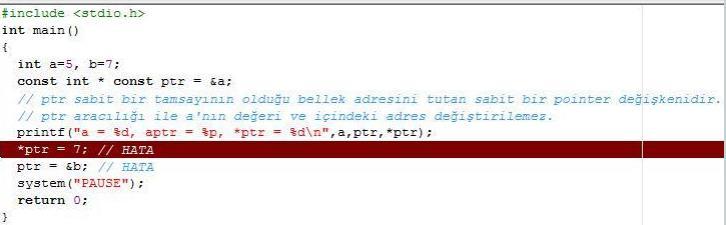 Pointer Kavramı- const belirleyicisi 3- Pointerin kendisinin ve gösterdiği yerin sabit olması; Pointerin
