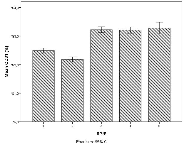 İmmunohistokimyasal incelemede CD31 ekspresyonuna bakıldığında Mikro damar yoğunluğu (MDY) açısından en yüksek değer kontrol grubunda saptanırken (%3,28), en düşük pozitiflik ise 20 ng/ml TGF- β