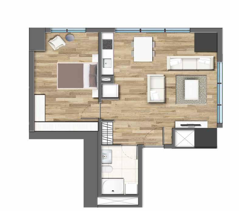 نموذج خارطة قاعدة شقة بغرفة نوم واحدة غرفة جلوس + مطبخ: 3.7 م غرفة نوم: 17.