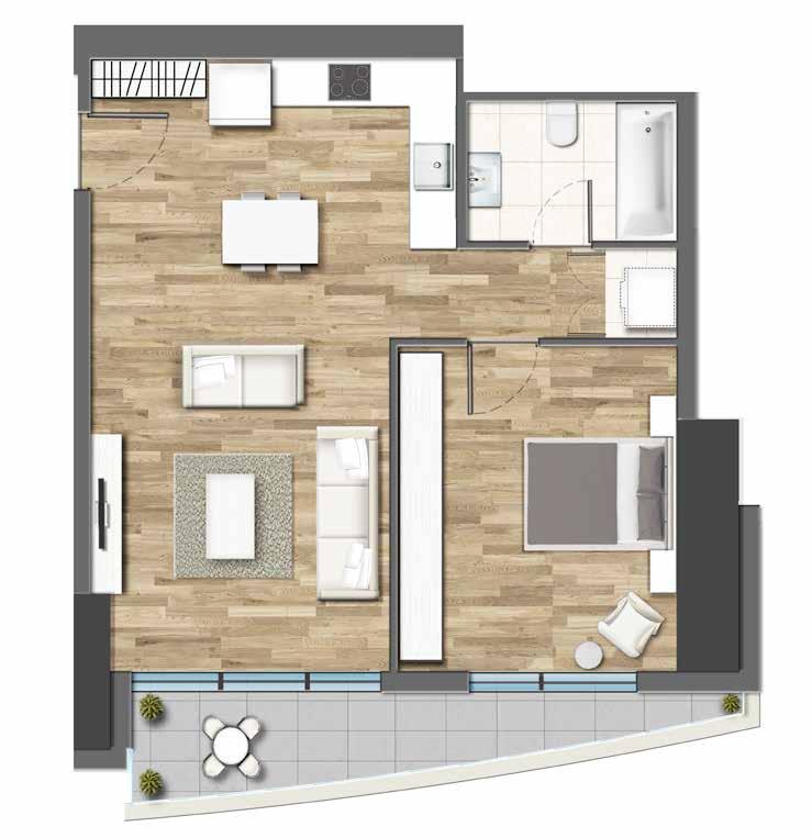 نموذج خارطة قاعدة شقة بغرفة نوم واحدة شرفة فرنسية شرفة غرفة جلوس + مطبخ: 3.98 م غرفة نوم: 15.