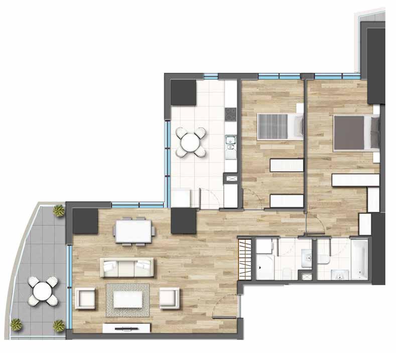 نموذج خارطة قاعدة شقة بغرفتي نوم شرفة فرنسية 1 غرفة جلوس: 36.37 م مطبخ: 14.6 م رواق: 3.