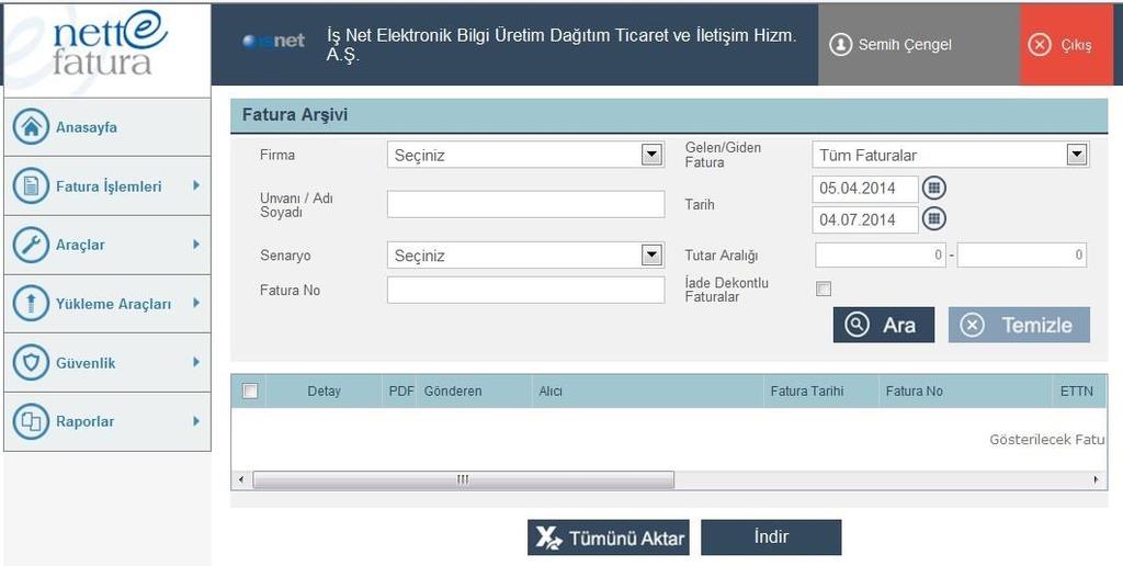 10. FATURA ARŞIVI 10.1 Ekranın Amacı Gönderilen ve alınan faturaların arşiv olarak tutulduğu sayfadır. Filtre alanından kriterler seçilip işlemi yapılır. 10.2 Ekrana Erişim Sol menü ağacında Fatura işlemleri Fatura Arşivi 10.