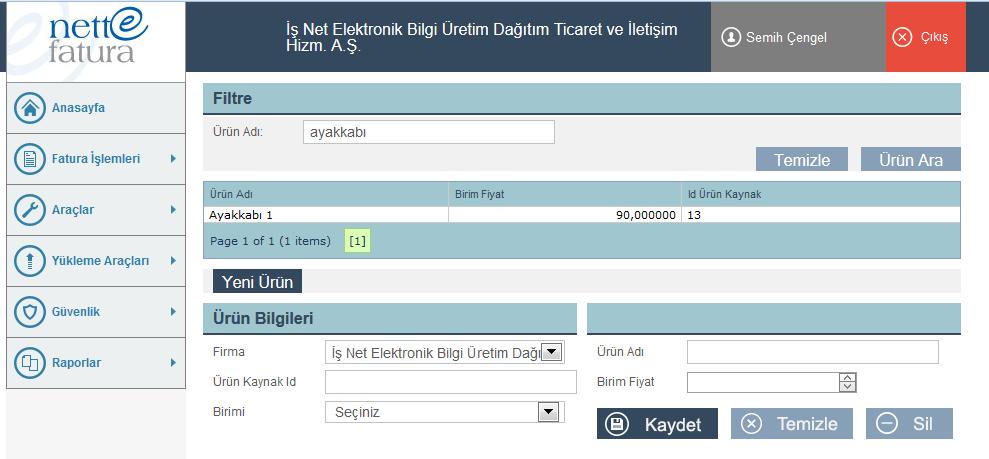 13.3 Ekranın Kullanımı 1 Kaydet Butonu : Yeni bir ürün oluşturulmak istendiğinde ürün bilgileri ve firma bilgileri girilerek kaydetme işlemi yapılır.