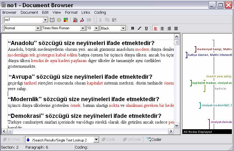 Şekil 41 Belge Tarayıcısında kodlama şeritleri (coding stripes) görünümü Kodlama şeritleri (coding stripes) bir metinde kodlu tüm node ları gösterir.